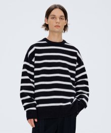 BLACK OVER FIT MULTI STRIPE CREWNECK SWEATER TNSW1F708BK