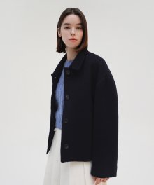 Camel-hair Blend Crop Coat - Navy