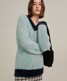 R V NECK BIG CABLE KNIT TOP_MINT