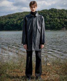 Vegan Leather Balmacaan Half Coat - Black (FL-030)