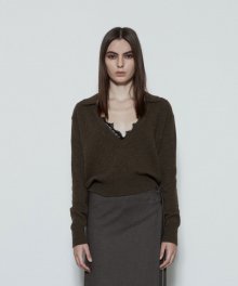 Deep V-neck Polo Knit Top (Brown)