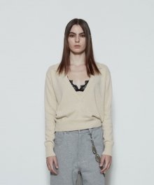 Deep V-neck Polo Knit Top (Ecru)