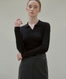 RIBBED OPEN COLLAR KNIT_BLACK