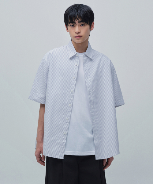 STRIPE OVERSIZE OXFORD SHORT SLEEVE SHIRT [GREY STRIPE]