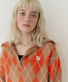 Rose Argyle Open Collar Knit Top [ORANGE]
