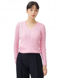 W 케이블니트 V넥 스웨터 - 핑크
