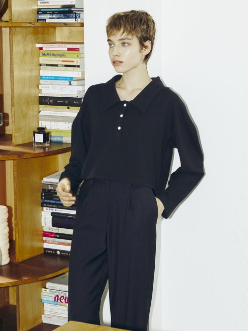 Shirt Collar Crop T-Shirt - Black