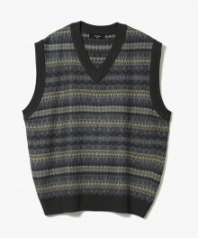 Fair Isle V-Neck Knit Vest [Charcoal/Olive]