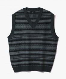 Fair Isle V-Neck Knit Vest [Black/Charcoal]