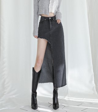 어반드레스(AVANDRESS) Unbalanced Long Denim Skirt BLAC...