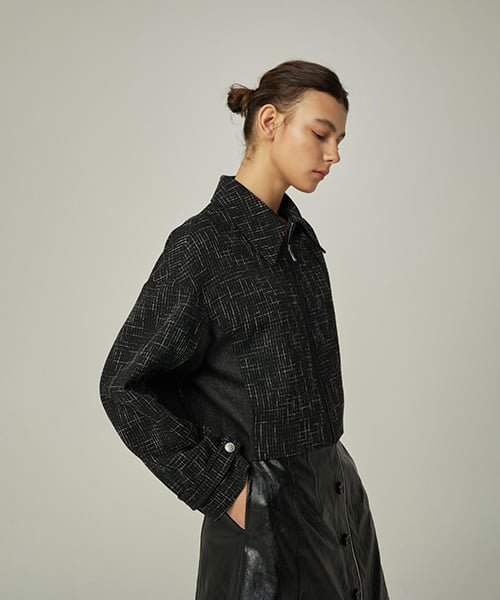 DENIM CONTRAST TWEED ZIPUP JK (BLACK)