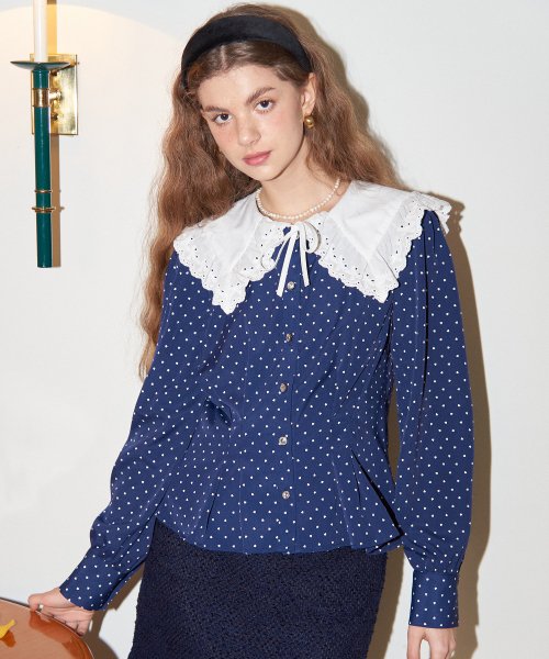 кружево воротник Puff Shoulder Blouse_ тёмно-синий