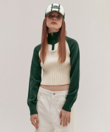 RIBBED KNIT CROP HALF ZIPUP [GREEN]