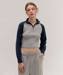 RIBBED KNIT CROP HALF ZIPUP [NAVY]