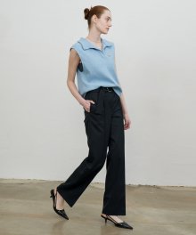 Semi wide belted trouser pants (NAVY)