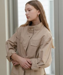 Belted stand collar trench coat in Beige