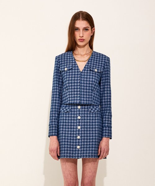 Houndstooth деним Vneck куртка [Deep Blue]