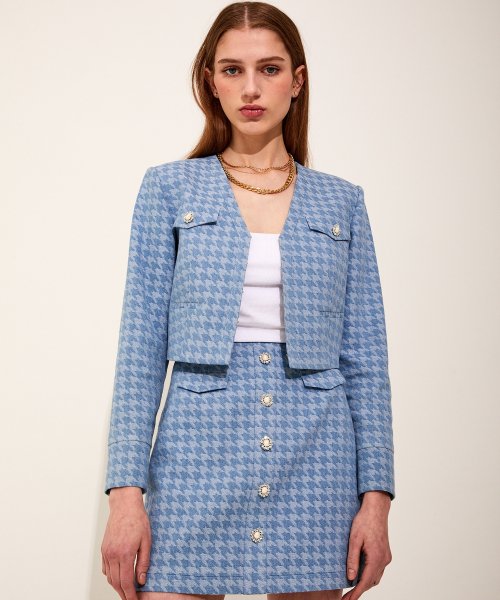 Houndstooth деним Vneck куртка [Light Blue]