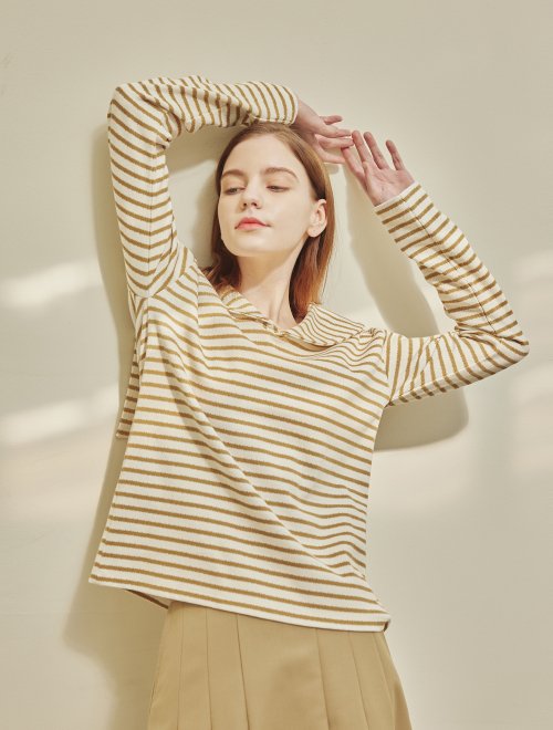 Marin полоска sailor воротник t-shirts_BEIGE