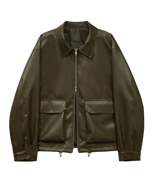 MUSINSA IRONYPORNO WHITELINE IRO086 Vegan Leather Cruelty Free Single Collar Neck Leather Jacket Olive