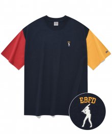 베이스볼 플레이어 배색 반팔 티셔츠 네이비