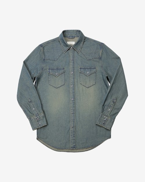 036 Washed denim western shirts (Mid blue)