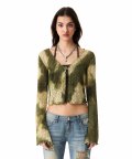 Tie Dye Lettuce Edge Cardigan Set Khaki