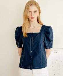 네이비 리나 스티치 퍼프 블라우스 / NAVY LINA STITCH PUFF BLOUSE