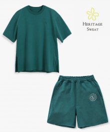 [SET UP]피그먼트 오버핏 슬릿 티셔츠 하프 팬츠 셋업 _Teal Green