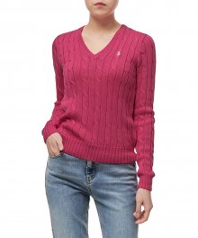 W 케이블니트 V넥 스웨터 - 핑크