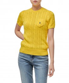 W 케이블니트 숏 슬리브 스웨터 - 옐로우