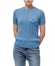 W 케이블니트 숏 슬리브 스웨터 - 블루