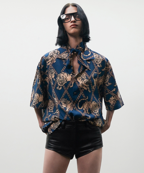 Tiger print bowling shirt[Navy(UNISEX)]_UTS-SS03