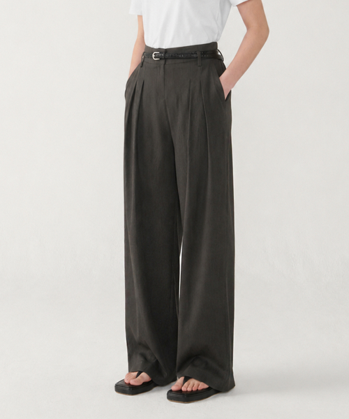 Wrinkle crape wide banding pants dark warm grey