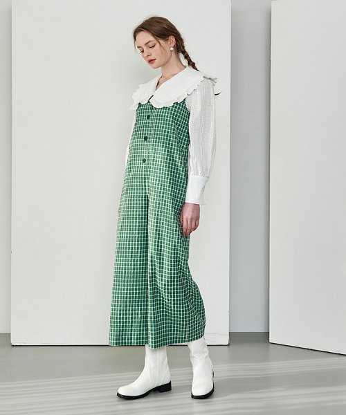 V-neck check jump suit green
