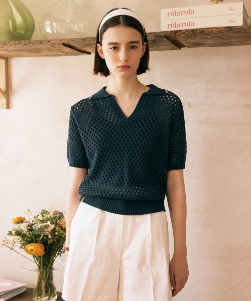 로라로라(ROLAROLA) PUNCHING COLLAR KNIT NAVY - 사이즈 & 후기