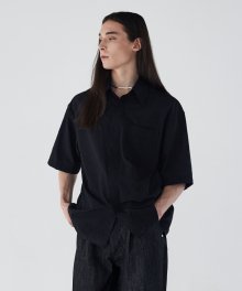 Seersucker Pocket Half Shirts - Black