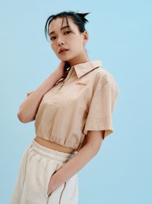 Half Zip-Up Crop Shirt_Beige