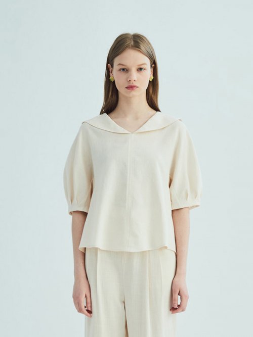 Льняная блузка с матросским воротником и пышными рукавами_beige