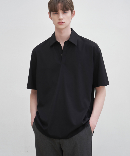 드로우핏(drawfit) 오버사이즈 풀오버 카라 반팔 셔츠 [BLACK]