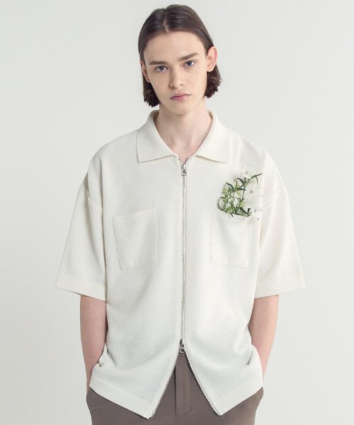 블론드나인(blond9) 코튼 카라 반팔 니트 집업_아이보리