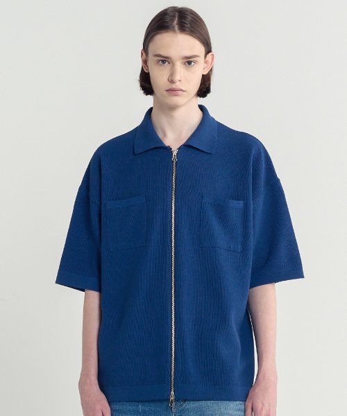 블론드나인(blond9) 코튼 카라 반팔 니트 집업_네이비