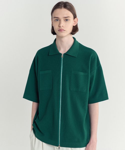 블론드나인(blond9) 코튼 카라 반팔 니트 집업_포레스트 그린