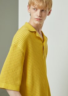 Organic cotton 100% camp collared crochet shirts_Saffron Yellow