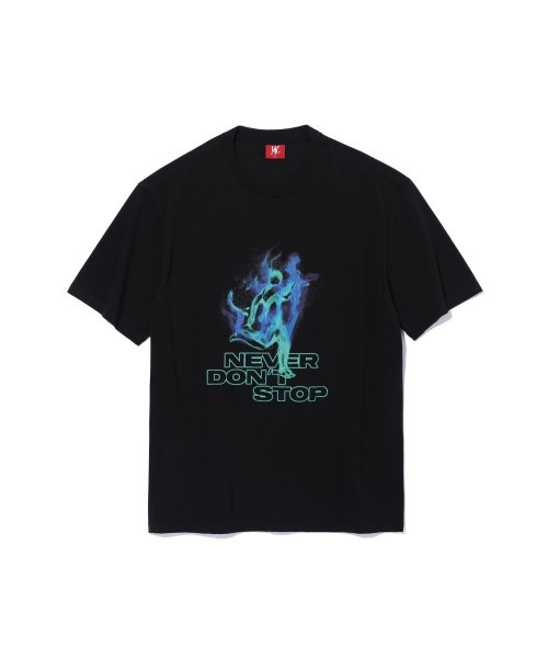 ★人気★【WOOALONG】★NEVER DONT STOP burning T-shir.t★ 우알롱(WOOALONG) NEVER DONT STOP burning T-shirt - BLACK