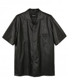 비건레더 하프컷 숏슬리브 셔츠 BLACK