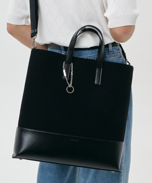 MUSINSA | DOFFJASON Cowhide Canvas Chain Tote Bag BLACK