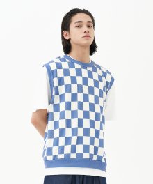 Checkerboard Round Knit Vest_Blue