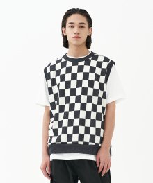 Checkerboard Round Knit Vest_Black