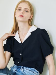 Color Shirring Blouse - Navy